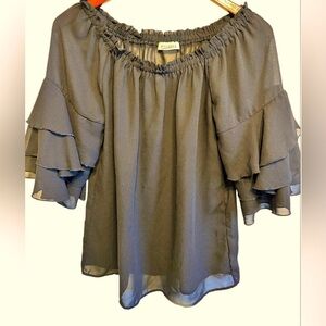 Mileage Black chiffon off the shoulder blouse with layered ruffled sleeves.